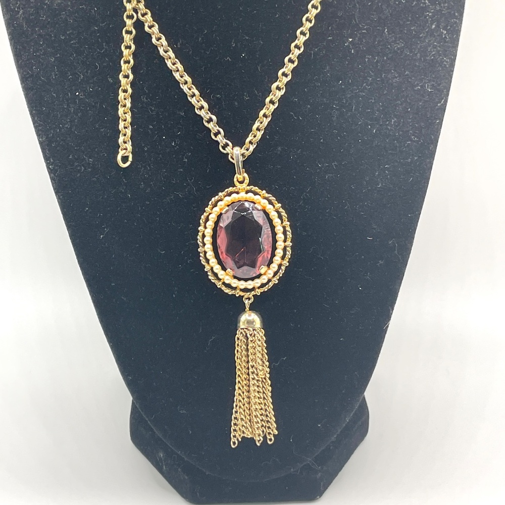 Avon Signed Vintage Purple Stone Tassel Pendant Necklace